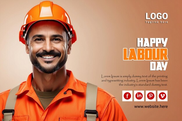 PSD international labour day social media post with orange helmet and khaki worker uniform smiles