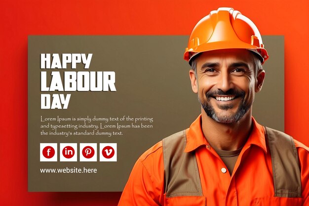 PSD international labour day social media post with orange helmet and khaki worker uniform smiles