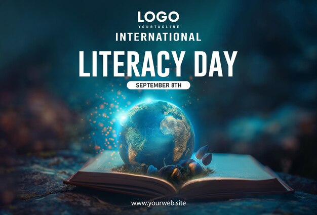 International literacy day social media post poster design earth and book background