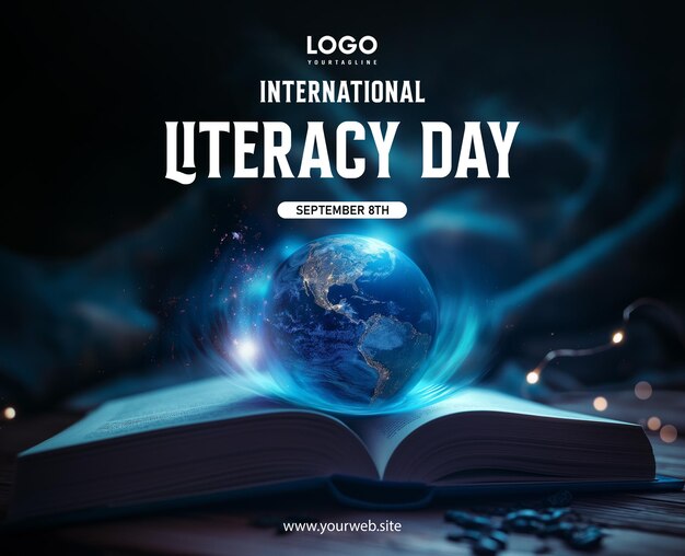 International literacy day social media post poster design earth and book background