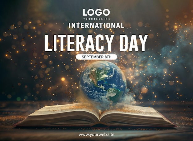 International literacy day social media post poster design earth and book background