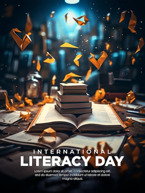 international literacy day social media post poster design with book background