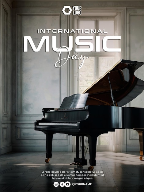 PSD international music day poster design with musical instrument background