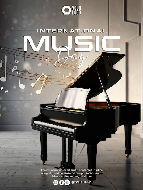 PSD international music day poster design with musical instrument background