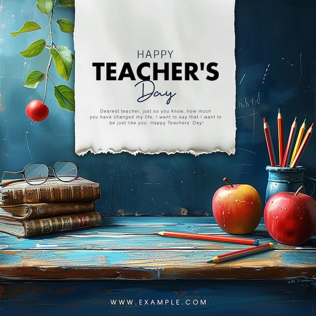 PSD international teachers day poster design with books stack and blackboard background