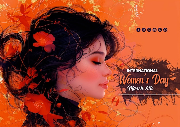 International Women Day 8 march with frame of flower and leaves social media psd