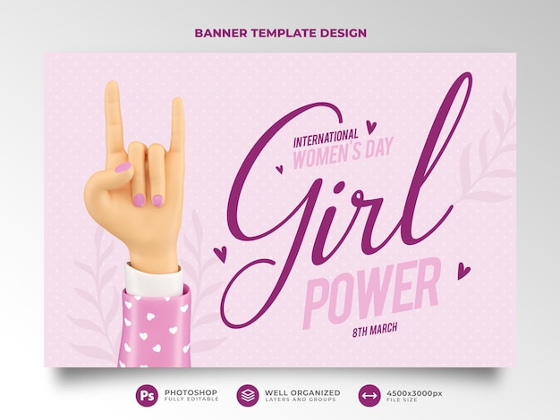 International Womens day banner 3d render hands cartoon 8 march girl power feminism