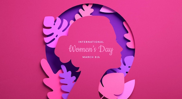 International Womens Day banner with woman silhouette and floral ornaments in paper cut style