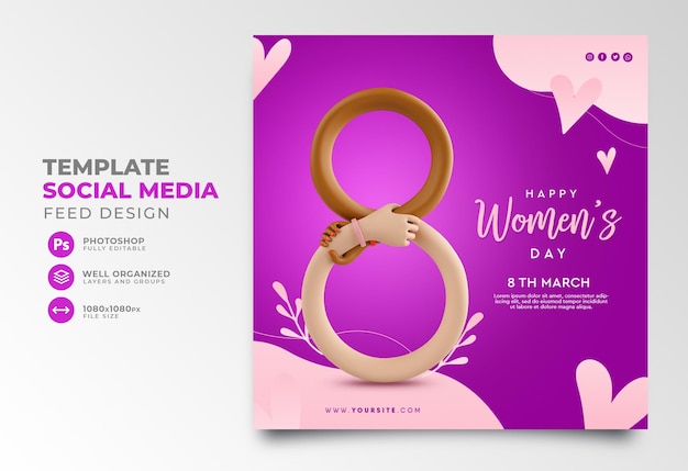 International Womens day post social media 3d render hand cartoon