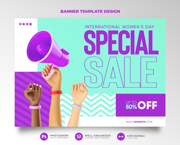 International Womens day Special Sale banner 3d render hand cartoon megaphone