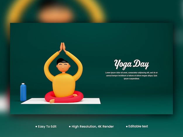 International Yoga Day Banner Design With 3D Cartoon Woman Meditating In Lotus Pose On Teal Green Background