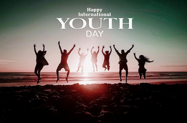 PSD international youth day celebrate banner design with young people silhouettes