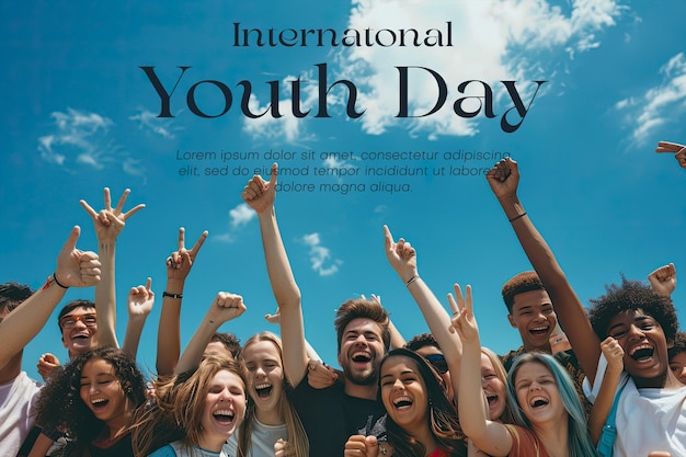 international youth day poster with happy young people background