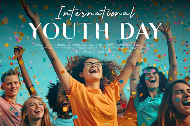 international youth day poster with happy young people background