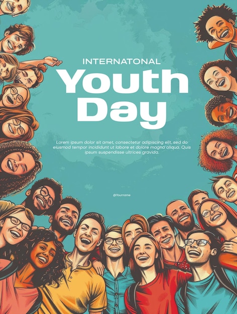 international youth day poster with happy young people background