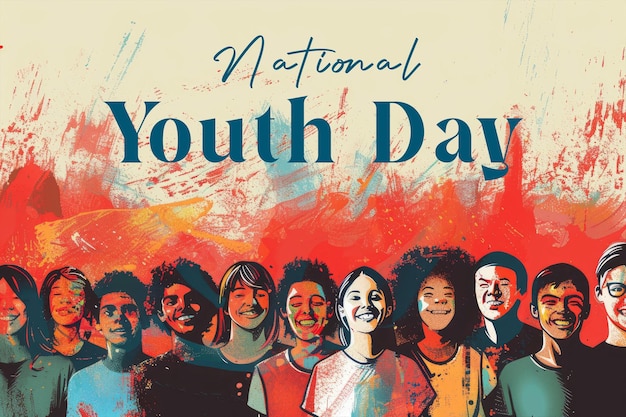 international youth day poster with happy young people background