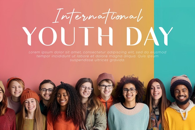 international youth day poster with happy young people background