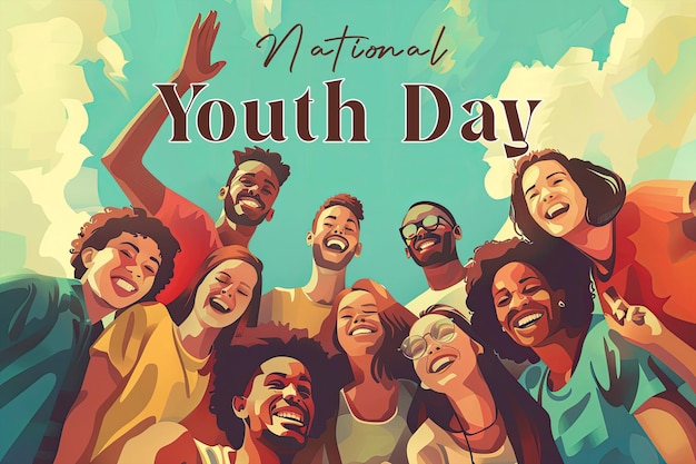 international youth day poster with happy young people background