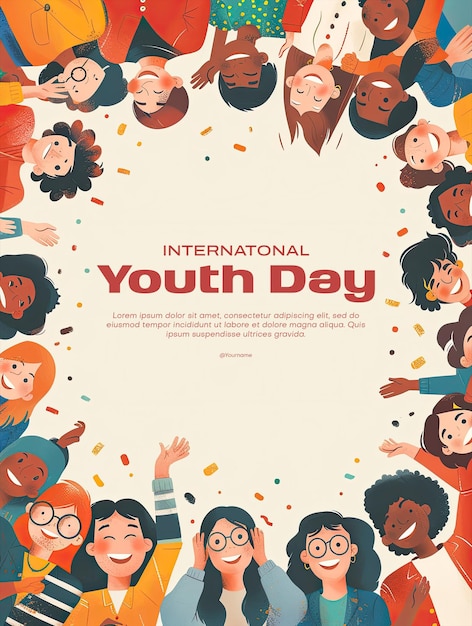 international youth day poster with happy young people background