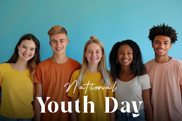 international youth day poster with happy young people background