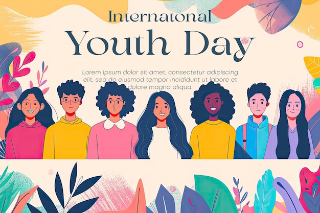 international youth day poster with happy young people background