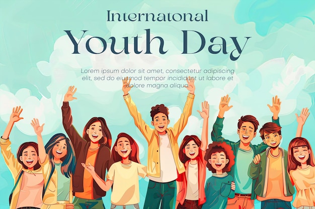 international youth day poster with happy young people background