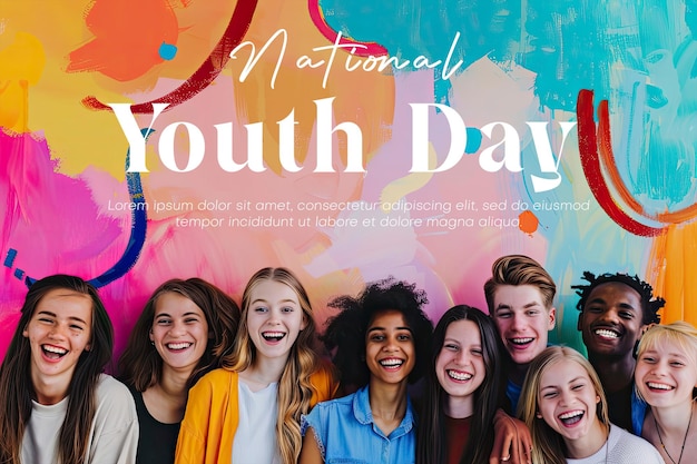 PSD international youth day poster with happy young people background