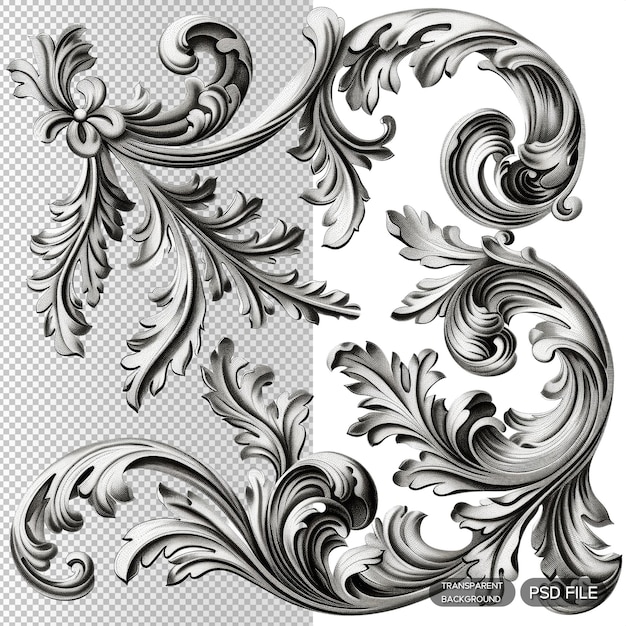 PSD intricate botanical design with elegant floral patterns in black and white for decorative and artistic use