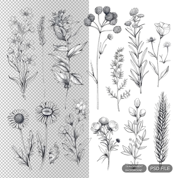 Intricate Botanical Illustrations of Various Flowers and Plants in Black and White