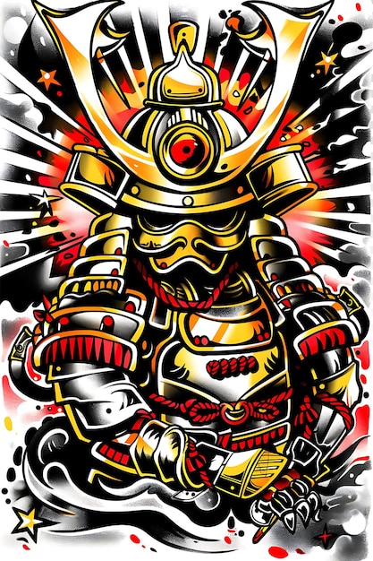 PSD intricate samurai armor tattoo sketch on card