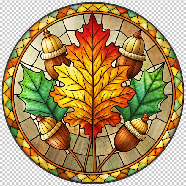 PSD intricate stained glass acorn and oak leaf pattern on transparent background