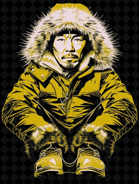 Inuit Man Portrait Wearing a Parka and Sealskin Boots and a Vivid Color Design PNG Collections