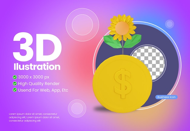 investment flower business theme 3d illustration icon