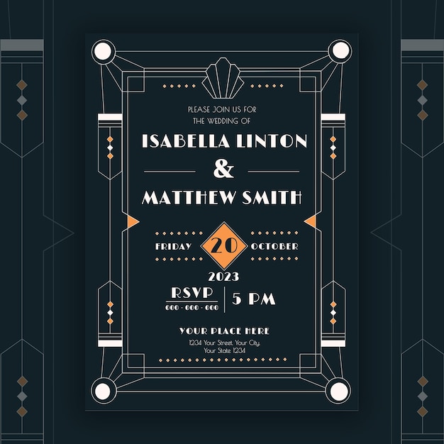 PSD invitation card psd template with geometric art deco style on dark background