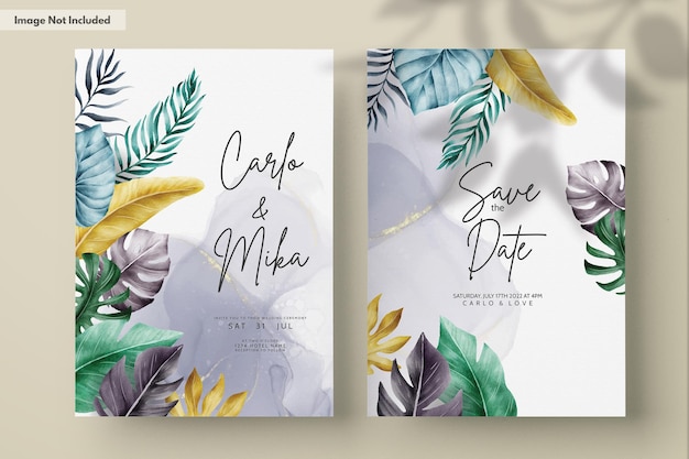 PSD invitation card set with colorful tropical leaves