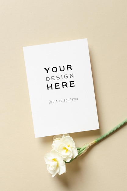 Invitation or greeting card mockup with spring daffodils flowers