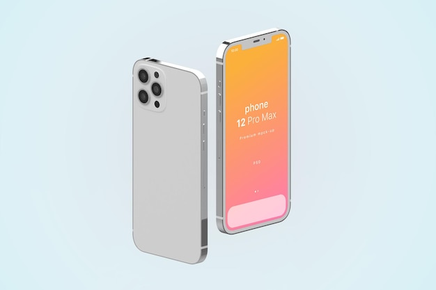 iphone 12 Pro Max upright in isometric view PSD mockup