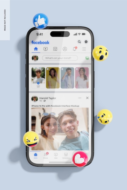 PSD iphone 14 pro with facebook interface mockup, top view
