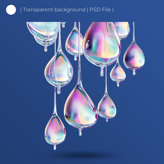 PSD iridescent droplets suspended in midair reflecting a spectrum of colors