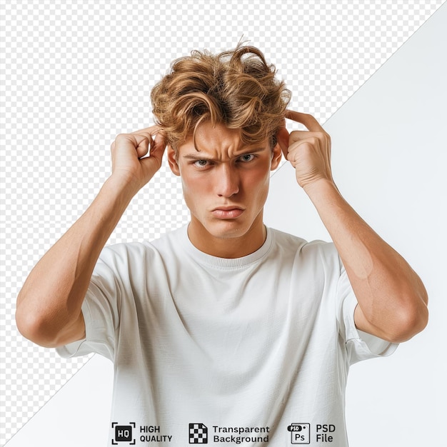 irritated young handsome man putting fingers ears looking camera while wearing a white shirt with brown and blond hair a large nose and blue and brown eyes his arms and hands are visible