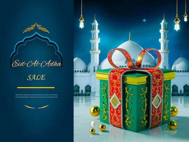 Islamic background on blue Design concept of Adha Eid Mubarak with gift