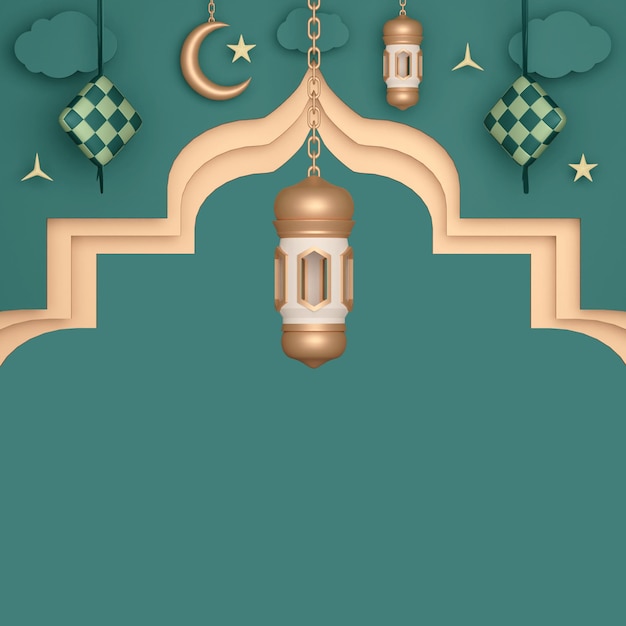 Islamic display decoration background with arabic lantern ketupat crescent and cloud