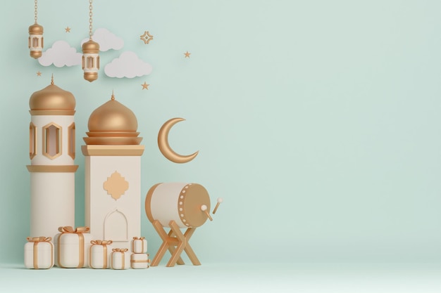 Islamic display decoration background with bedug drum mosque lantern crescent and gift box