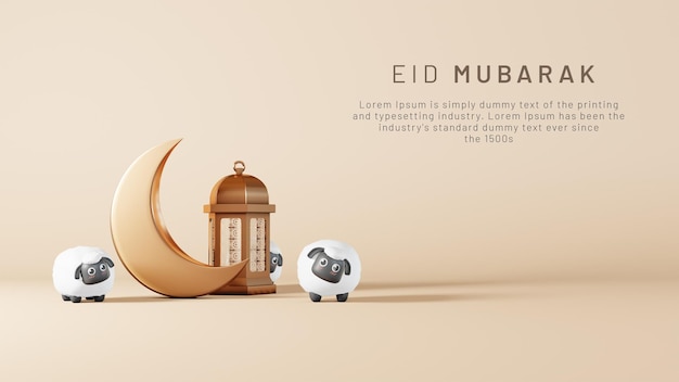 Islamic eid al adha mubarak background with 3d rendering of sheeps and lantern