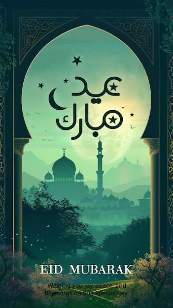 Islamic festival eid mubarak greeting background with vector mosque