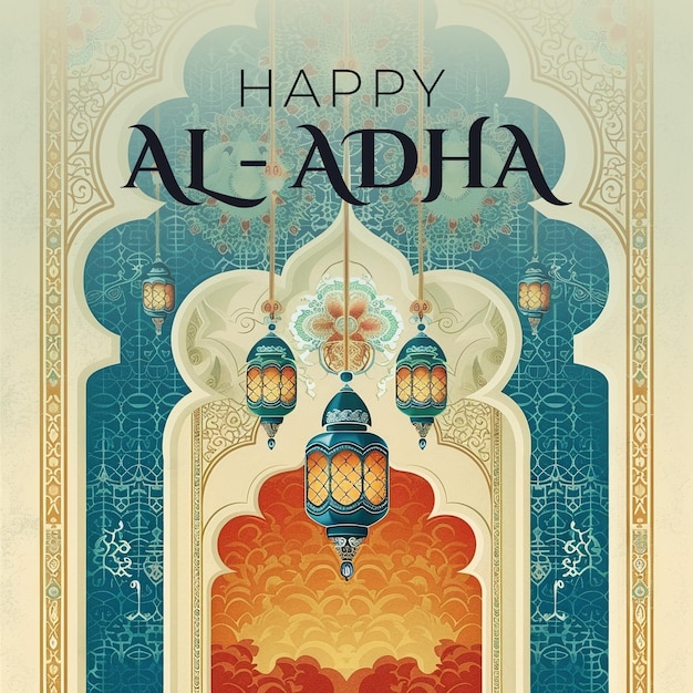 Islamic greeting card of arabic lanterns for Eid AlAdha concept