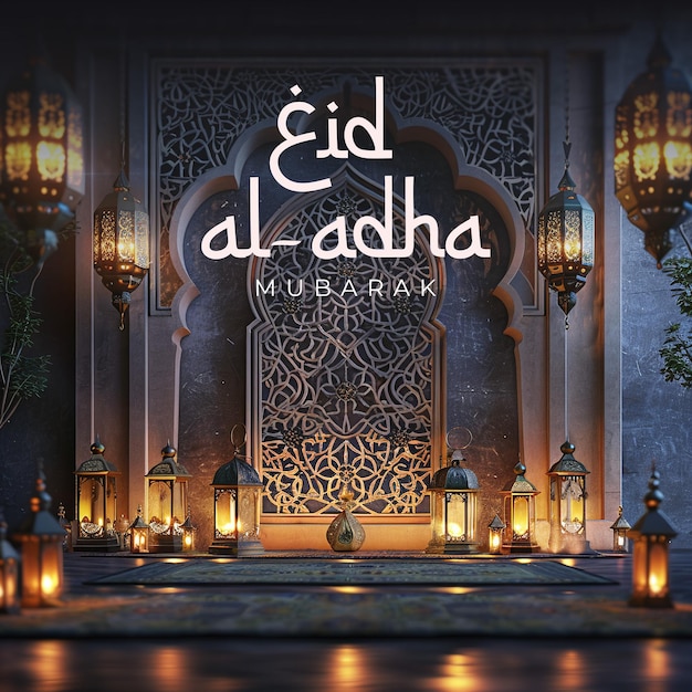 Islamic greeting card of arabic lanterns in a mosque for Eid AlAdha concept