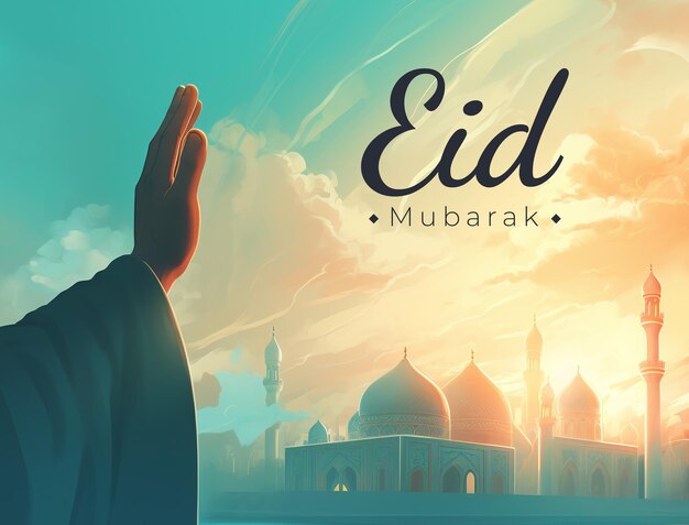 Islamic greeting card of a hand and a mosque for Eid Mubarak concept