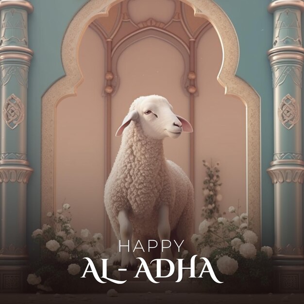 Islamic greeting card of a lamb for Eid AlAdha concept