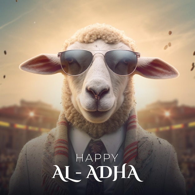 Islamic greeting card of a lamb for Eid AlAdha concept